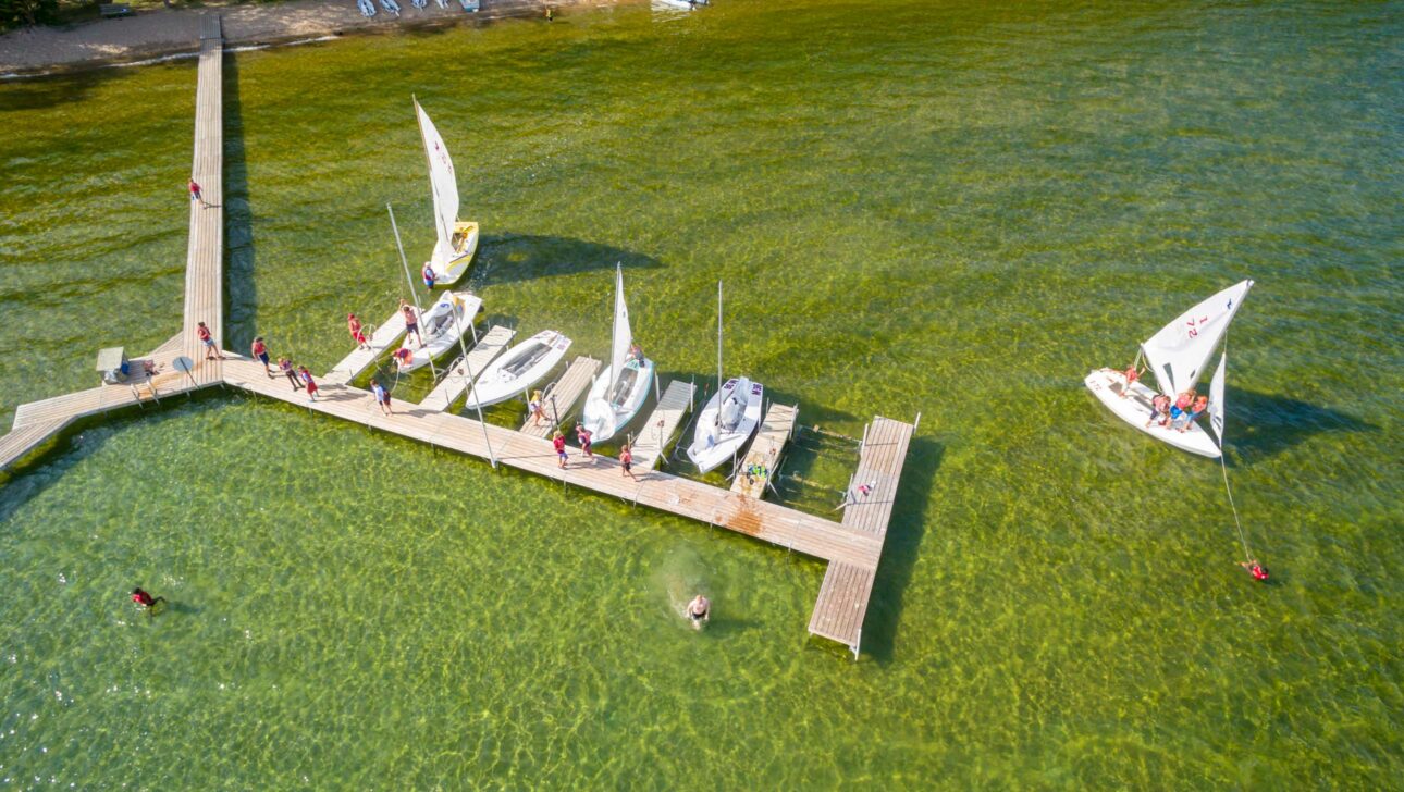 aerial shot of boats docked.