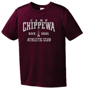 A maroon t-shirt with camp chippewa logo.