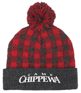 A black and red fannel hat with the Camp Chippewa logo. 