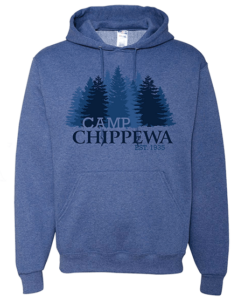A blue hooded sweatshirt with the camp chippewa logo. 