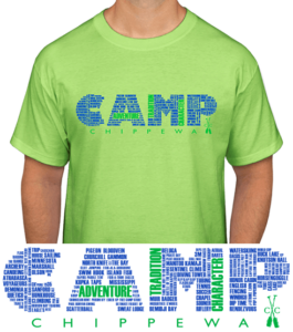 A lime green t shirt with the word camp printed on it. 