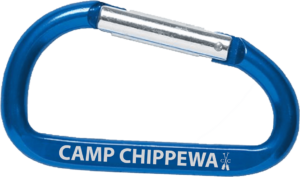 Blue Carabiner clip with Camp Chippewa in white print. 