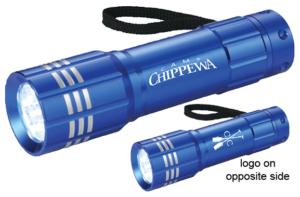 A blue flashlight with the Camp Chippewa logo. 