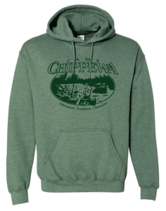 A dark green hooded sweatshirt with Camp Chippewa logo. 