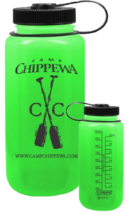 A green plastic 32 ounce water bottle with black detailing. 