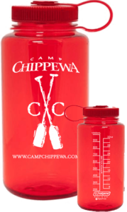 A red plastic 32 ounce water bottle with white detailing. 