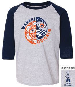 A long sleeve baseball shirt with a wanka windigo design. 