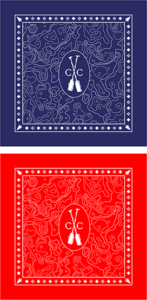 A blue bandana and a red bandana with camp chippewa logo. 