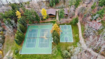 basketball and tennis courts overhead view.
