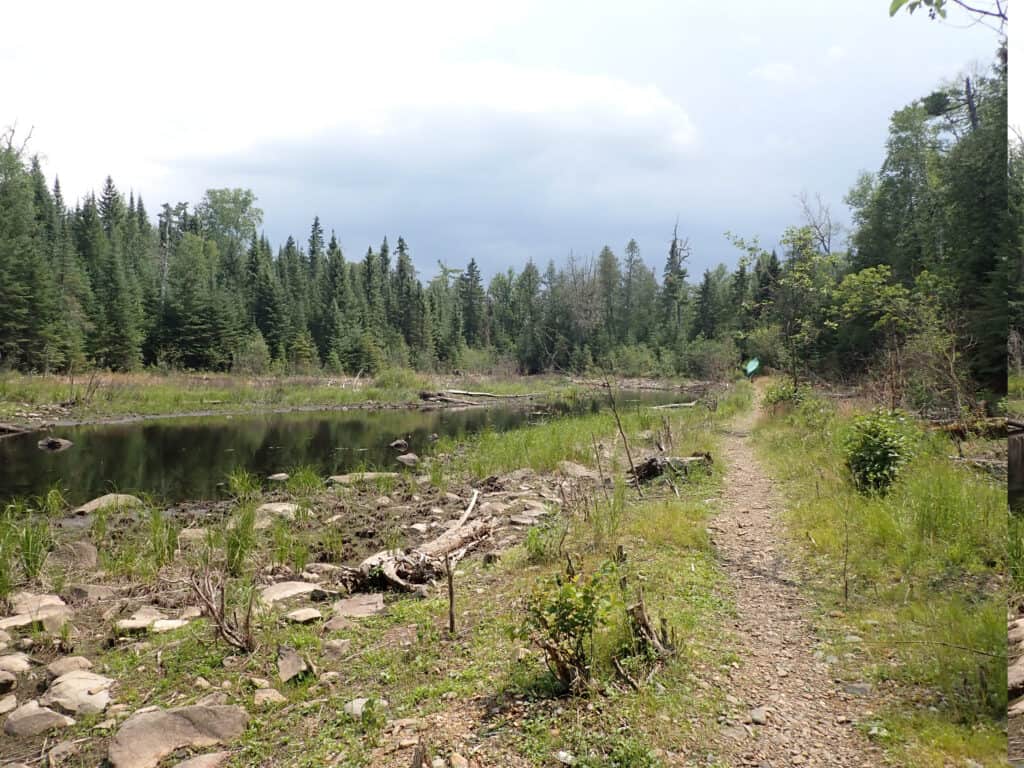Portage alongside a river in Minnesota on a canoe trip.