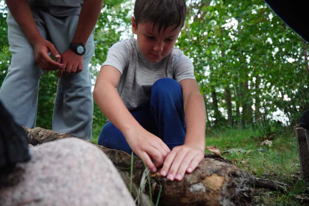 a camper investigates the forest floor during a camping trip